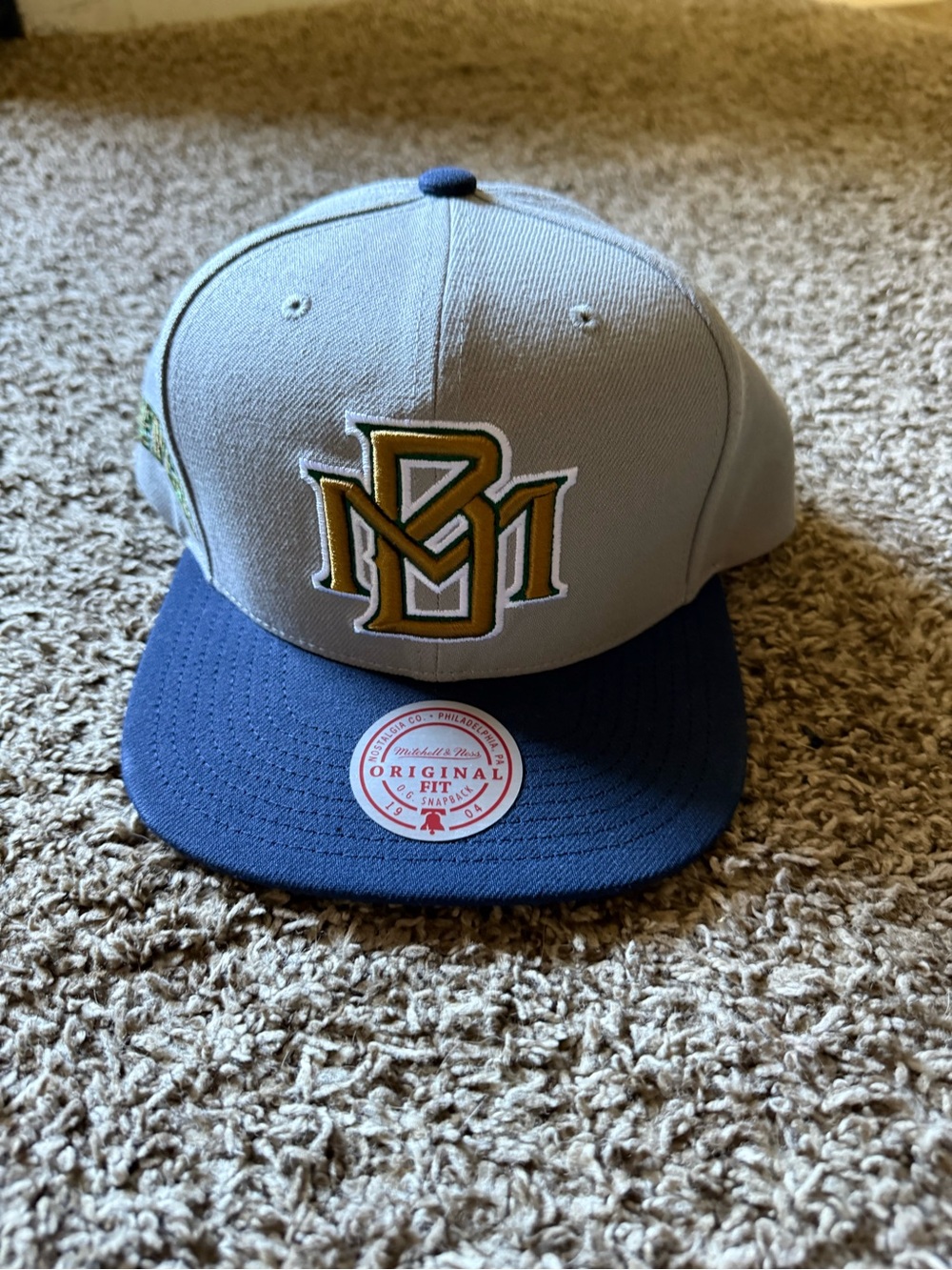 Mitchell & Ness Gray and Navy Snapback Hat MILWAUKEE BREWERS